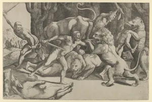 Five men fighting beasts, at lower left is a fallen boar