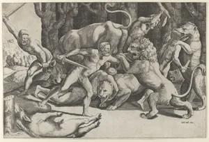 Five men fighting beasts, at lower left is a fallen boar