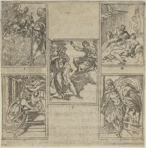 Five numbered scenes, each after a painter in the Accademia Degl'Incamminati, from IL FUNERALE D'AGOSTINO CARRACCIO FATTO IN BOLOGNA SUA PATRIA DAGL'INCAMINATI Academici del Disegno: 1. Ceres lamenting the death of Carracci before Jupiter, painted by Ippolito Ferrantini; 2. Personification of Painting entrusting Carracci's body to Fame, painted by Giovanni Battista Bertusi; 3. The Fates leading the blindfolded Carracci to the foot of Jupiter's throne, painted by Lucio Massari; 4. Three rivers representing the cities of Bologna, Rome and Parma (Reno, Tiber and Parma) with Fame at left, designed by Sebastiano Razzali and painted by Baldessare Aloisi Galanini; 5. Agostino Carracci abducted by Mars who is jealous of the artist's portrait of Adonis made for a Farnese gallery panel, painted by Giovanni Battista Busi.