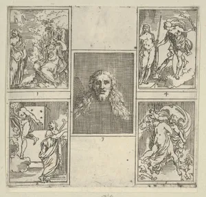 Five numbered scenes, each after a painter in the Accademia Degl'Incamminati, from IL FUNERALE D'AGOSTINO CARRACCIO FATTO IN BOLOGNA SUA PATRIA DAGL'INCAMINATI Academici del Disegno: 1. Painting and Poetry mourning the death of Agostino Carracci, painted by Francesco Brizio; 2. Painting with a lyre and Apollo pointing to stars on Carracci's grave, design by Giacomo Cavedone; 3. The head of Christ, painted by Agostino Carracci; 4. Prometheus with a torch and Athena behind him, painted by Alessandro Albini; 5. Aurora abducting Cephalus, painted by Leonello Spada.