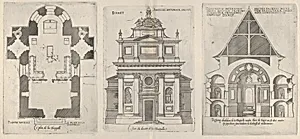 Floorplan, Facade and Cross Section of one of the Chapels at Chateau d'Anet, from "Les plus excellents bastiments de France" by Jacques Androuet Du Cerceau