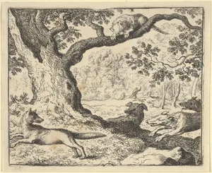 Following Renard's False Story, His Father Is Chased by Hunting Dogs from Hendrick van Alcmar's Renard The Fox
