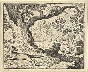 Following Renard's False Story, His Father Is Chased by Hunting Dogs from Hendrick van Alcmar's Renard The Fox by Allart van Everdingen