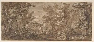Forest Scene, a Halt at the Left, a Hunt at the Center