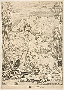 Fortitude in profile view walking toward a fire at left and leading a harnessed lion, a landscape in the background by Raphael (Raffaello Sanzio or Santi)|Marco Dente|Tommaso Vincidor (Tommaso di Andrea)|Antonio Salamanca
