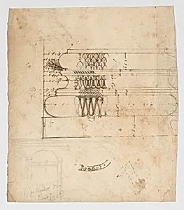 Forum of Augustus, hemicycle, Attic base, elevation and sculpted detail; Ionic capital, elevation; Palazzo Baldassini, cortile, elevation (recto) blank (verso) by Anonymous, French, 16th century