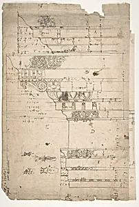 Forum of Nerva, entablature, elevation; cornice, elevation (recto) Forum of Nerva, architrave panel, ceiling plan, Corinthian, capital (verso) by Anonymous, French, 16th century