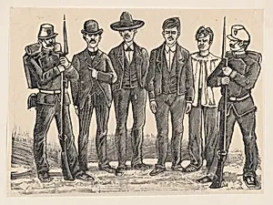 Four criminals standing in a line flanked by officers, relating to the impending executions of Luis Izaguirre, Bruno Martinez, Francisco Guerrero, and Alberto Fernandez, who were connected with a theft at La Profesa by José Guadalupe Posada