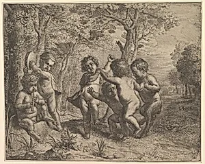 Four Dancing Children (Bacchantes) and Two Making Music by Erasmus Quellinus