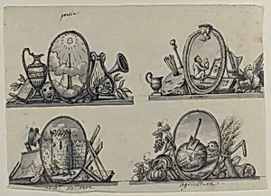 Four Designs for Emblems (recto); Sketch of Three Putti (verso) by Anonymous, French, 18th century