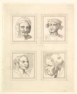 Four Heads (from Characaturas by Leonardo da Vinci, from Drawings by Wincelslaus Hollar, out of the Portland Museum)