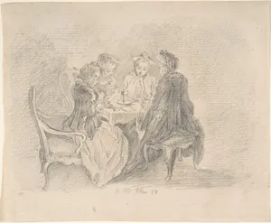 Four Ladies Sitting around a Table Occupied with Needlework, Reading, and Writing; verso: Study of a Woman with Needlework