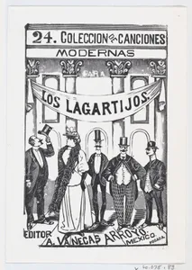 Four men and one woman in fine clothes standing in a line under a banner, illustration for 'Los Lagartijos (The Dandies)'