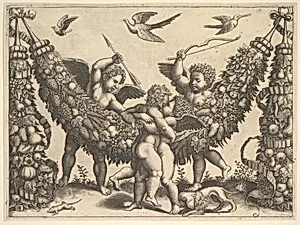 Four putti, two embracing in front of a large garland, two behind, the one at left holding an arrow, the one at right a bow, from a series of tapestries made for Leo X by Raphael (Raffaello Sanzio or Santi)|Master of the Die