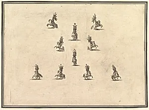 Four riders in a row at bottom, five riders forming a V above and another rider in the center, from 'La gara delle Stagioni' by Stefano della Bella