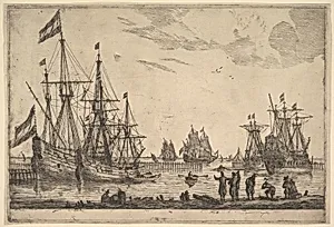 Four Sailing Vessels near a Breakwater