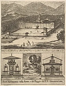 Four views: at top, a view of the new monastery of Vallombrosa, at bottom left and right, a view of a chapel, at bottom center, the tree of St. John Gualbert, from 'Frontispiece and four scenes from the life of Saint John Gualbert' (Frontispice et quatre vignettes pour une vie de Saint Jean Gualbert) by Stefano della Bella