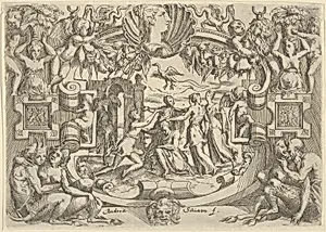 Four women surrounding a seated figure, a bird above them, set within an elaborate frame by Andrea Schiavone (Andrea Meldola)|Battista Angolo del Moro|Jacques Androuet Du Cerceau