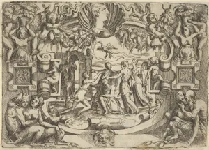 Four women surrounding a seated figure, a bird above them, set within an elaborate frame