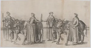 Four women walking alongside four cows; plate from 'Repraesentatio Der Fürstlichen Auffzug und Ritterspil... Herrn Johann Friderichen Hertzogen zu Württenberg und Teckh... und Fürstin Barbara Sophien ...' Stuttgart, November 6, 1609