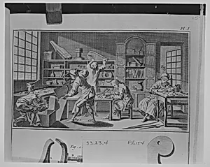 Fourbisseur (Swordmaking) (plate VII, Fourbisseur section, Encyclopédie, or Recueil de Planches sur les Sciences, les Arts Mechaniques..., vol. IV) by J. R. Lucotte|Denis Diderot|Jean Le Rond d' Alembert|Robert Bénard