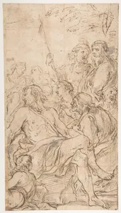 Fragment of a Composition with a Reclining Semi-Nude Man Surrounded by Soldiers and Other Onlookers in a Landscape