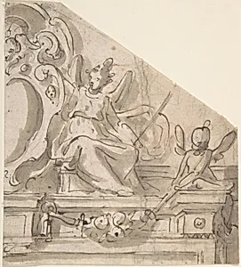 Fragment of a Design for an Overdoor with Seated Angel Supporting Cartouche, and Seated Putto Holding Garland (recto); Fragments of a Cartouche? (verso) by Anonymous, Italian, Roman-Bolognese, 17th century