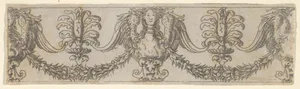 Fragment of a horizontal frieze with female bust in the center, garlands, anthemia, cut from a plate of border segments