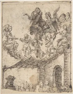 Fragment of Nativity Scene with Music-Making Angels on Clouds Above