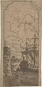 Framed Port scene with two figures
