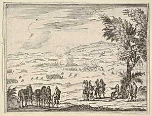 Francesco I d'Este, Suffering the Pain of his Injuries, Continues to Take Charge for the Successful Completion of the Military Campaign, from L'Idea di un Principe ed Eroe Cristiano in Francesco I d'Este, di Modena e Reggio Duca VIII [...] by Bartolomeo Fenice (Fénis)|Domenico Gamberti