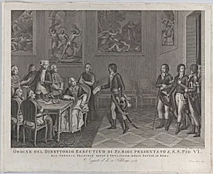 French general handing Directory order to Pope Pius VI after invasion of Rome by Pope Pius VI|Giacomo Beys|Giovanni Petrini