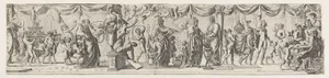 Frieze-like composition of figures walking alongside draped curtains: at left satyrs and children bear a statue of Bacchus on a litter behind an old man (Silenus?), at center two robed satyrs approach a priest, at right Apollo lifts a cup next to satyrs seated at a round table
