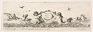 Frieze with a Triton and Mermaid holding up a Shell, Title page from: 'Decorative friezes and foliage' (Ornamenti di fregi e fogliami) by Stefano della Bella|Nicolas Langlois