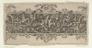 Frieze with Grotesques and a Mask Wearing a Whimple and Crown at Center