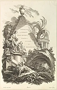 Frontispice pour le "Tombeau de Boyle, Locke, et Sydenham" (Frontispiece for the "Tomb of Boyle, Locke, and Sydenham"), from Tombeaux des Princes, des Grands Capitaines et autres Hommes illustres (Tombs of Princes, Great Captains, and other Illustrious Men) by François Boucher|Eugene MacSwiny|Claude Augustin Duflos le Jeune