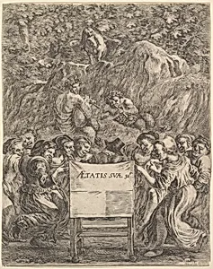 Frontispiece for 'The Works of Scarron' (Œuvres de Scarron); the poet sitting in a chair, seen from behind, women to either side representing caricatures of the nine muses, Pan, Bacchus, and Pegasus on a representation of Mt. Helicon above by Stefano della Bella