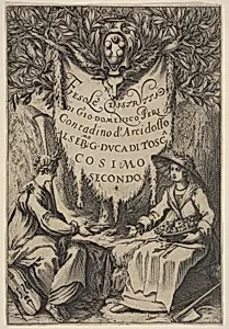 Frontispiece from 'Fiesole Destroyed' ('Fiesole Distrutta'), two seated women, one wearing a laurel wreath and the other wearing a hat crowned with laurel, with the Medici arms and the crown of the grand duchy above by Jacques Callot