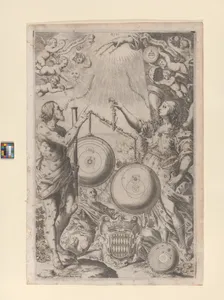 Frontispiece: mythological figures weigh astronomical theories, from "The New Almagest" (Almagestum Novum)