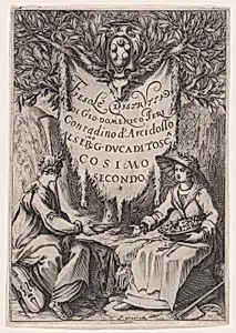 Frontispiece of Fiesole Distrutta, also called La Belle Jardinière, or Poésie et L'Agriculture, or Catakasta by Jacques Callot