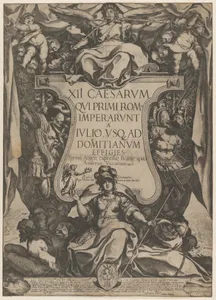 Frontispiece with a trumpeter sounding trumpets seated on top of a cartouche flanked by trophies, from 'The Twelve Caesars'