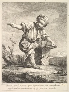 Frontispiece with litte boy holding a basket, from Premier Livre de Figures d'après les porcelaines de la Manufacture Royale de France, inventées en 1757, par Mr. Boucher (First Book of Figures after porcelains from the Manufacture Royale de France, devised in 1757, by Mr. Boucher)