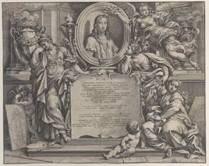 Frontispiece with oval portrait of Raphael, with three allegorical figures of the Arts supporting the tablet at center