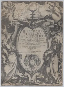 Frontispiece with two figures holding scrolls and cherubs flanking the cartouche at center, from 'The Consecrated Apostolic College' (Il sacrato collegio apostolico)