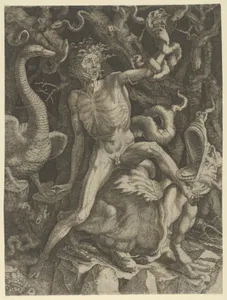 Fury personified as an emaciated man astride a monster, holding a skull in his raised left hand