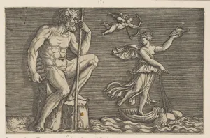 Galatea escaping Polyphemus; he is seated on a rock holding a staff and pipes and looking towards Galatea at right riding a shell pulled by two dolphins, Cupid flying above