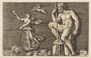 Galatea escaping Polyphemus; he is seated on a rock holding a staff and pipes and looking towards Galatea at right riding a shell pulled by two dolphins, Cupid flying above