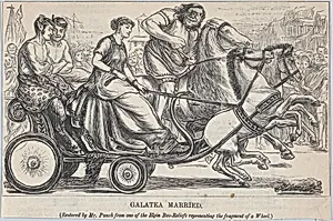 Galatea Married – Restored by Mr. Punch from one of the Elgin Bas-Reliefs representing the fragment of a Wheel (Punch, or the London Charivari, April 14, 1866, p. 151) by Anonymous, British, 19th century