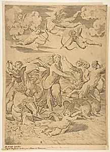 Galatea riding in a shell pulled through the water by dolphins, a cupid below and four more above, at left a triton embracing a nymph and behind them a man on horseback blowing a conch, at right a figure blowing a horn and behind him a nymph riding on a centaur by Marco Dente|Raphael (Raffaello Sanzio or Santi)