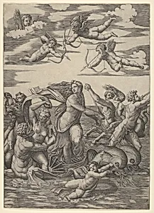 Galatea standing in a water-chariot pulled by two dolphins, surrounded by tritons, nereids, and putti, three of which prepare to shoot arrows from above by Marcantonio Raimondi|Raphael (Raffaello Sanzio or Santi)